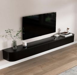 Floating TV Stand 95 Inch Wall Mounted TV Cabinet with LED Light Strip, TV Media Console with Flip-Down Door & Drawers for Living Room (Black)