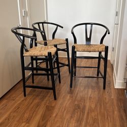 Wooden Wishbone Counter Stools, Set Of 3