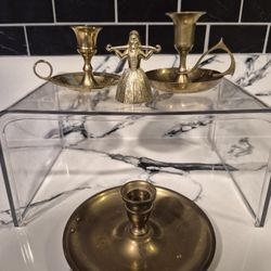 Vintage Brass Candle Holder & Figural Bell Set – Chambersticks & Woman Bell – Brass Décor Collection