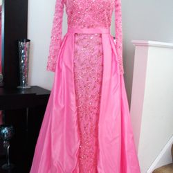 Pink Beaded Over Skirt Gown