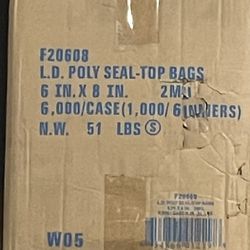 Clear L.D. Poly seal top bags 6” x 8” 2 MIL 6,000/case (1,000/ 6 inners) - $300 for ALL.