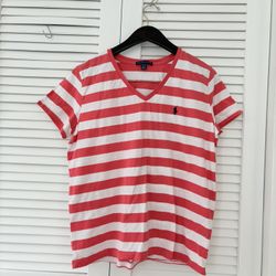Ralph Lauren Sport T-Shirt Womens XL Red White Stripe Polo Short Sleeve Logo