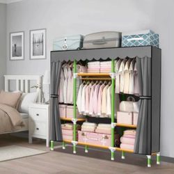 Portable Closet 57 Inch Wardrobe Closet Clothes Organizer with 3 Storage Shelves and 3 Hanging Rods, Cloth Closet of Colored Rods Grey Cover Quick and