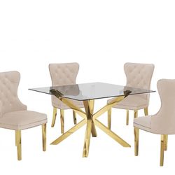 Beveled Edge Tempered Glass and X Cross Gold Color Frame Dinning Table 5 Piece. 