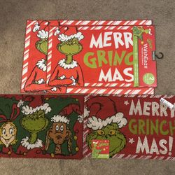 Set of 2 washable grinch rugs and 2 outdoor mats