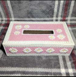 Vintage Handmade Pink Needlepoint Tissue Box Cover with Daises