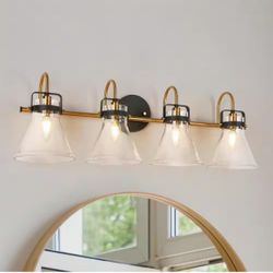 Uolfin Modern Black and Gold Vanity Light, 4-Light Industrial Bathroom Light with Clear Glass Shades.
