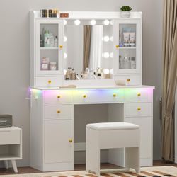 New Vanity Desk with Mirror and Lights, 43" White Makeup Vanity Set with 5 Drawers & Glass Cabinets, Storage Stool, Power Outlet & Adjustable LED Ligh