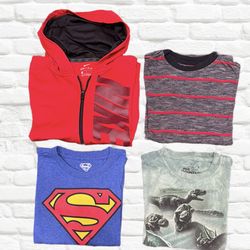 BUNDLE of 3 T SHIRT 1 HOODIE RED DRI  FIT NIKE FULL ZIP HOODIE. GREEN DINOSAUR  TSHIRT GOLDEN GLORI  STRIPED AND SUPER MAN LOGO. SIZE 8