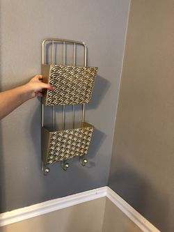 Wall decor, mail holder with hooks. Gold Metal