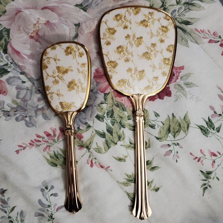 Vintage 1950's Gold Vanity Mirror And Brush Set