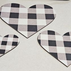3 Piece Black White Buffalo Plaid Heart  Wall Decor 