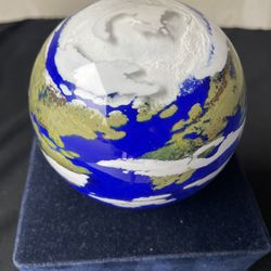 EARTH By Glass Eye Studio Celestial Series Handmade Art Glass paperweight Rear LRG Edition 4 1/4 " Diameter with Wooden Base Brand NEW