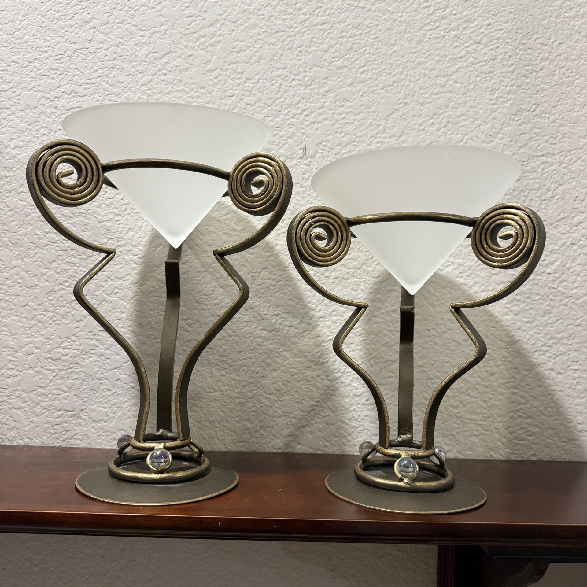 Pair of Abstract Metal & Frosted Glass Candle Holders