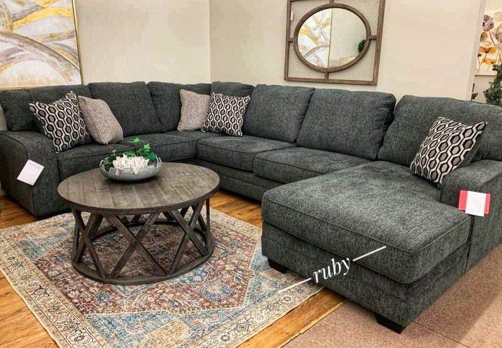 Slate Gray Large Comfy Deep Seating U Shape Sectional Couch With Chaise| Ashley Tracling Sofa Set| Brand New Living Room Set @ Delivery 