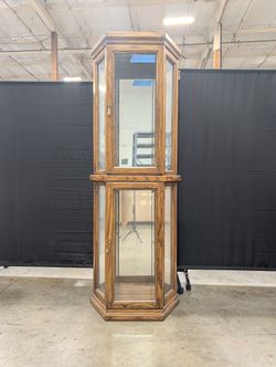 Tall Hexagonal Wood and Glass Curio Cabinet