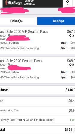 2 SIX FLAG TICKETS 2019-2020 ( FREE PARKING)