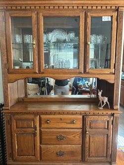 Vintage Two-Piece Solid Oak China Cabinet / Hutch (Working Lights)