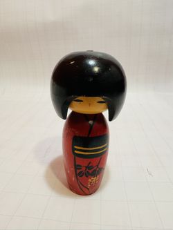 Kokeshi Hand Made Wood 5.5” Red Doll Painted Japan Vtg Folk Art Cherry Blossom