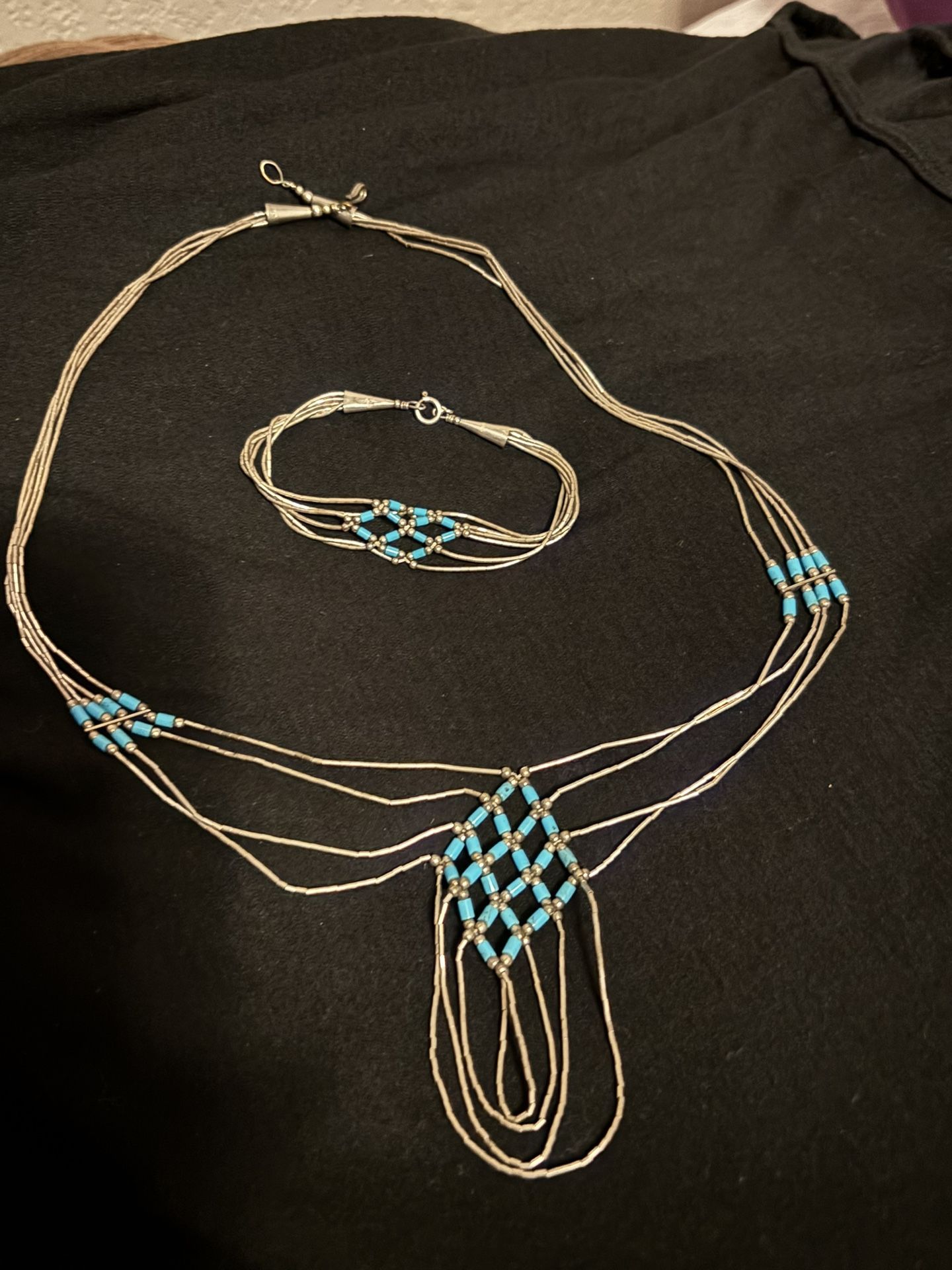Vintage liquid silver turquoise Necklace and bracelet set
