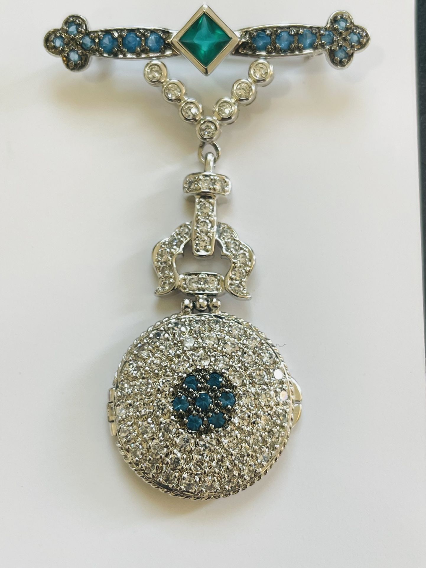 Ross Simons Sterling Silver Blue Green & Clear Cubic Zirconia CZ Locket Pin