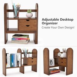 Bamboo Desktop Bookshelf Countertop Bookcase Adjustable Two Drawers Storage Organizer