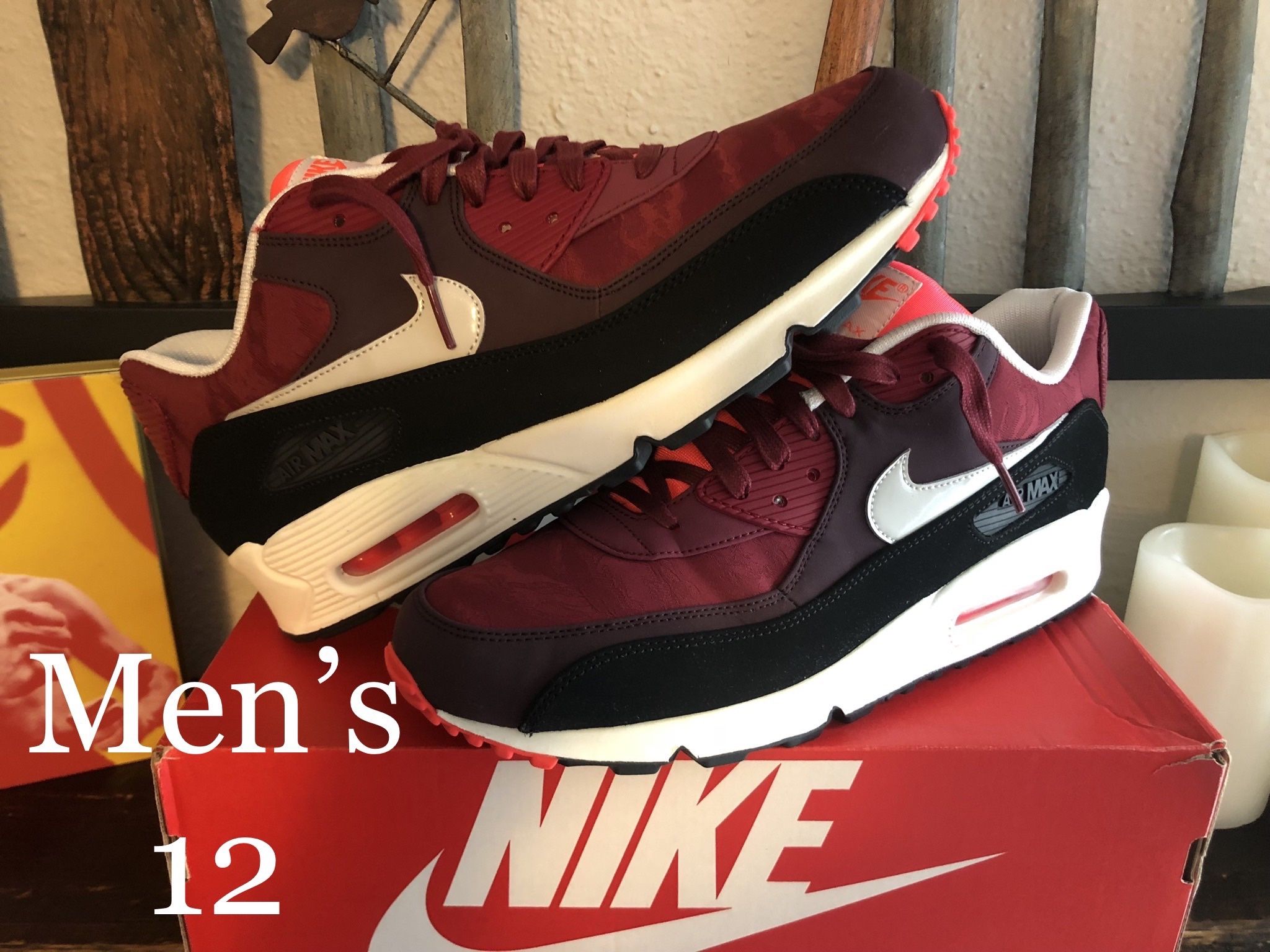 NIKE / Air Max 90 PREMIUM Shoes Kicks / Men's 12 / New w/ Box!! / Red, Black, White, Pink/Orange, Camo