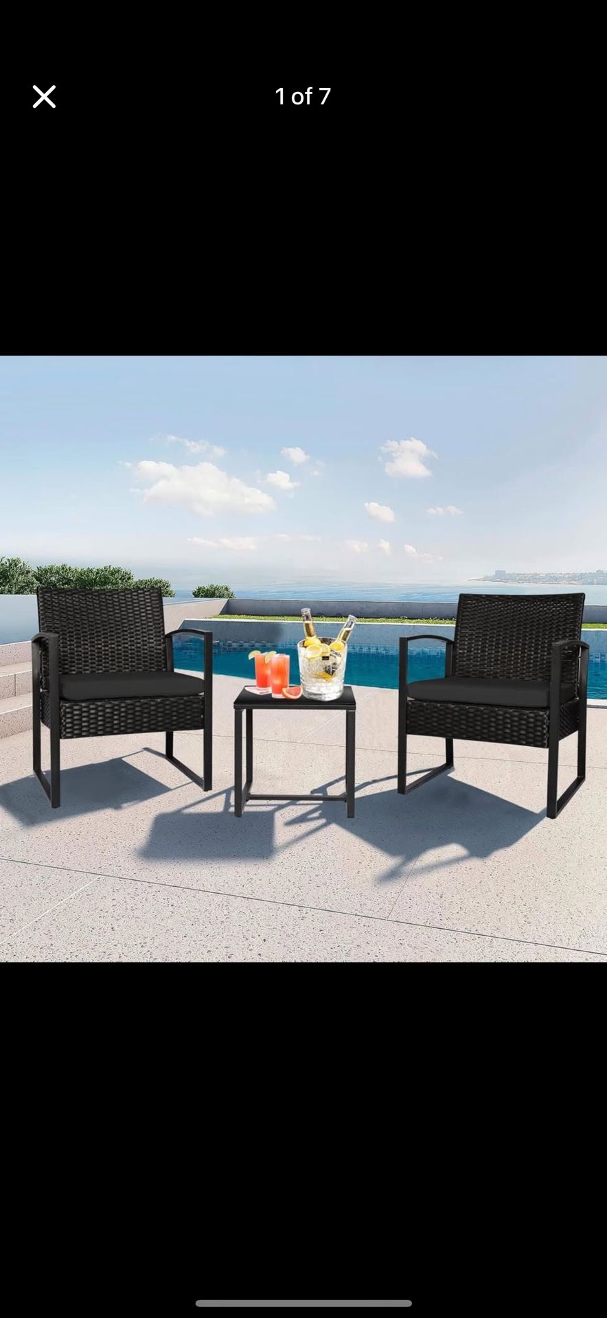 3-Piece Wicker Patio Bistro Set – Black Cushions & Glass Coffee Table