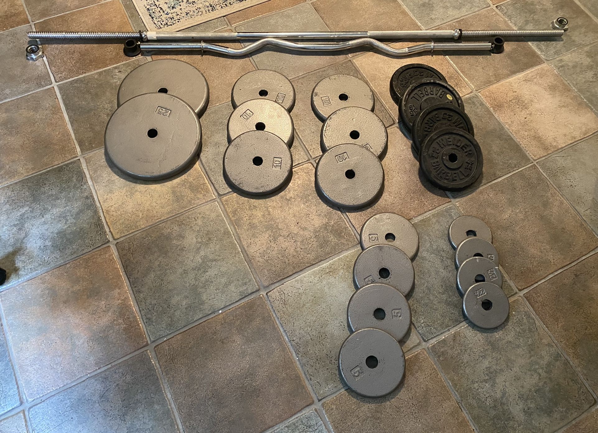 Barbell, Curl Bar, 20 Weight Plates For Excercise 