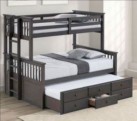 Brand new Grey Twin over Full Bunk Bed w Trundle Bed + Drawers