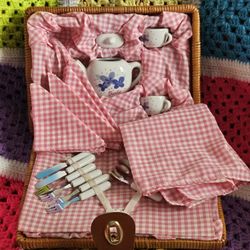 Vintage Barbie Mattel Schylling Porcelain Tea Set with Wicker Basket