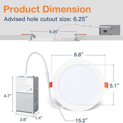 Amico 6 Inch 5CCT Ultra-Thin LED Recessed . Ceiling Light with Junction Box, 2700K/3000K/3500K/4000K/5000K