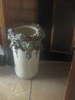 Vintage Tuscan Ceramic Umbrella Stand / Large Crackle Glaze Floor Vase (Grape Motif)