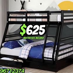 Twin Full Size Black Bunkbed W Orthopedic Mattress 