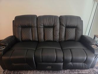 Black Leather Reclining Sofa with Cup Holders
