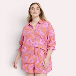 Universal Thread Pink and Orange Floral Button-Up, Size XL, MSRP $30