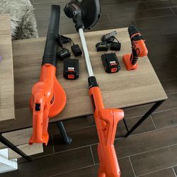 Set With Leaf Blower, Grass Cutter, And Drill. With Two Batteries And Charger!