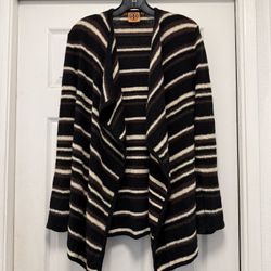 Tory Burch Black Cream Brown Striped Open Cardigan Sweater