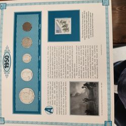 1950s silver coin collection with cmmemorative stamp