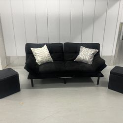 $250 OBO Black Convertible Futon Sofa Bed + 2 Ottoman Cubes (Set)