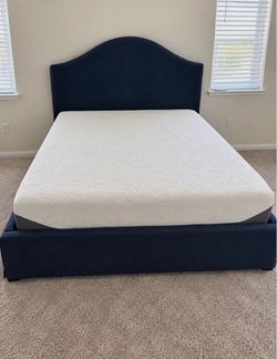 Custom Navy Blue Upholstered Bed Frame with Mattress