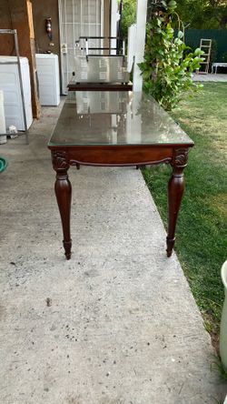 Large  Cherry Wood Table With Glass Top