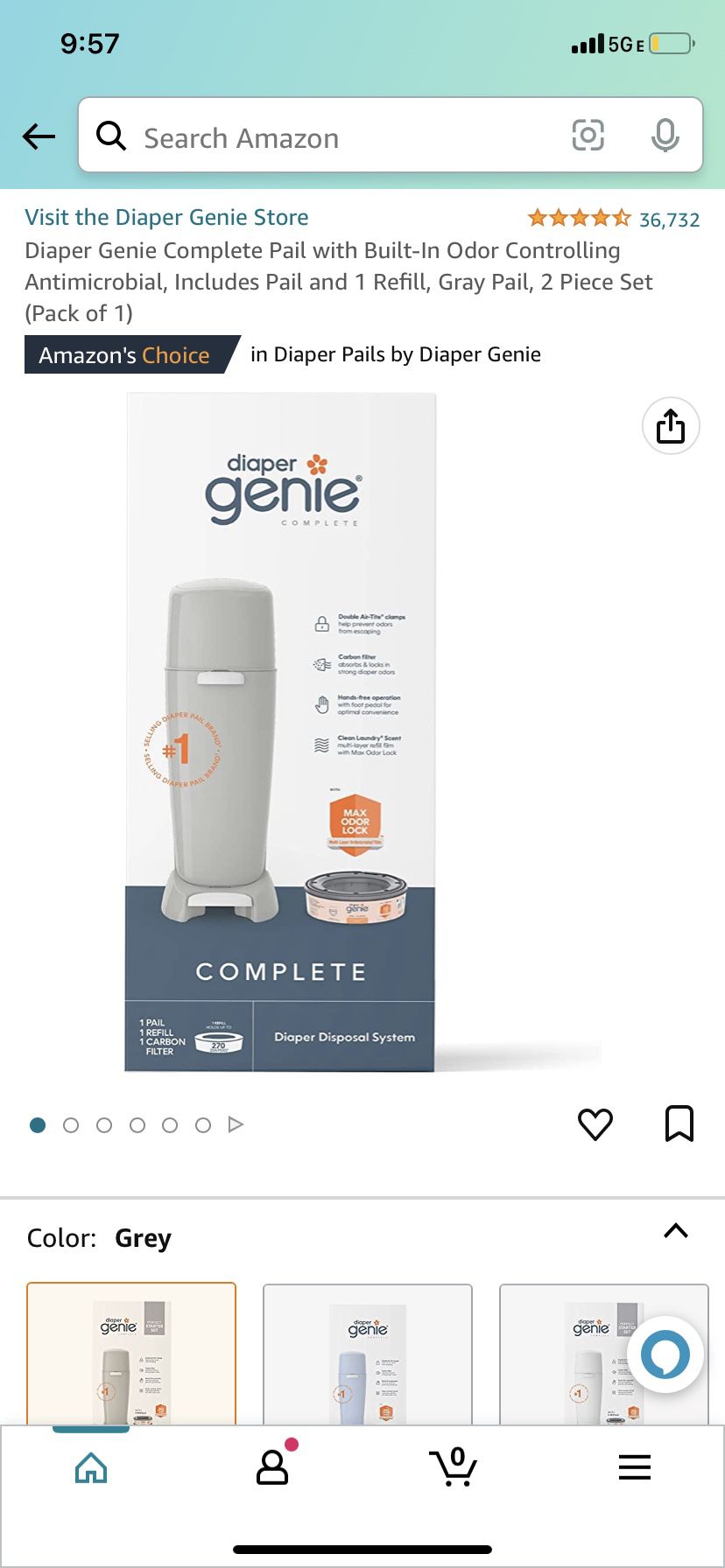 BRAND NEW UNOPENED!!! Diaper Genie Complete Pail with Built-In Odor Controlling Antimicrobial, Includes Pail and 1 Refill, Gray Pail, 2 Piece Set (Pac