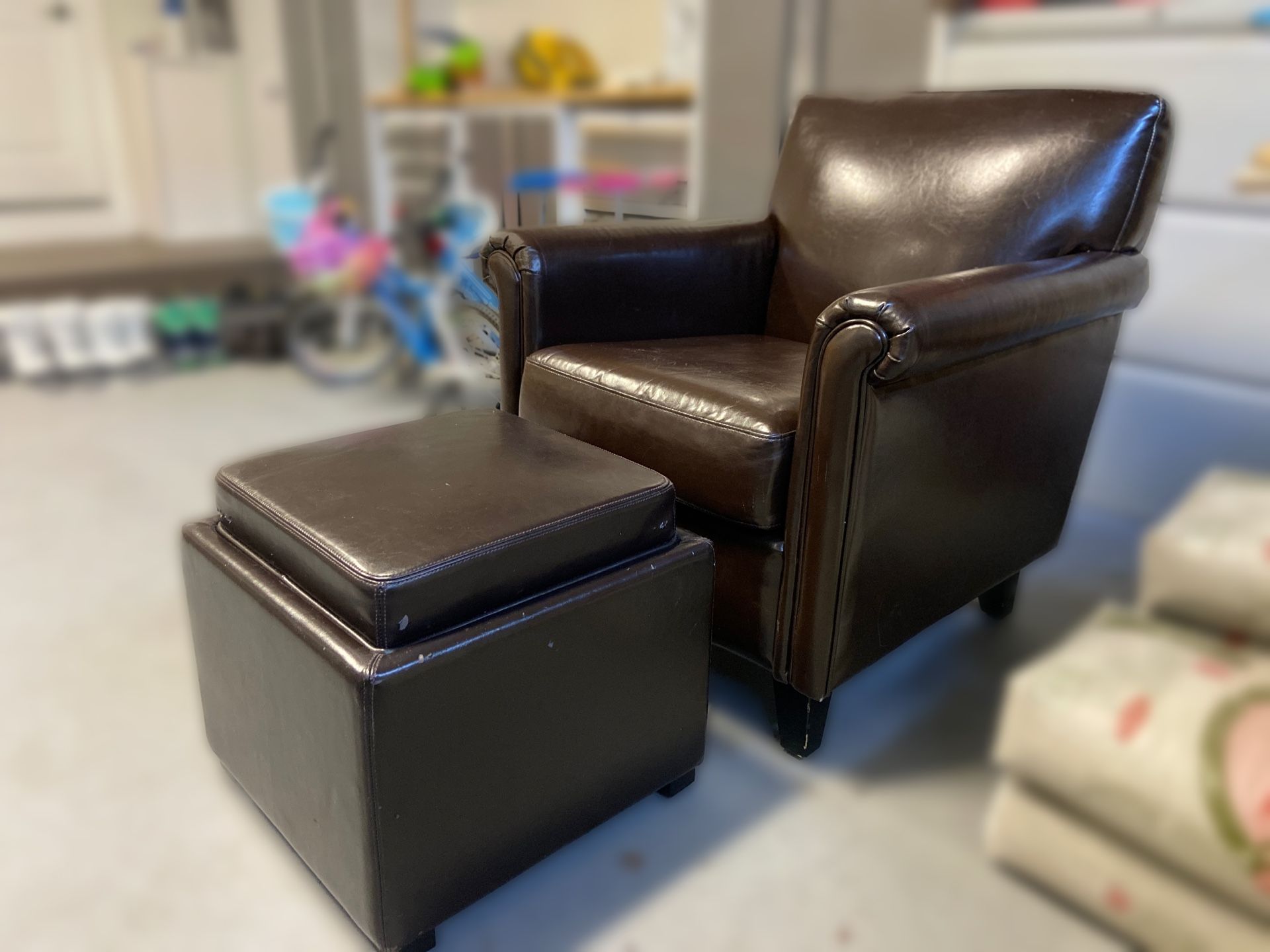 Faux Leather Chair With Storage Ottoman
