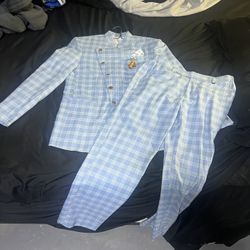 Light Blue Plaid Men’s Suit