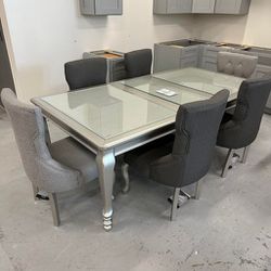 Dining Table Set with Beveled Clear Glass Inlays+6 Upholstered Side Chairs 