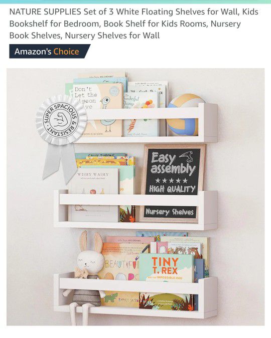 NATURE SUPPLIES Set of 3 White Floating Shelves for Wall, Kids Bookshelf for Bedroom, Book Shelf for Kids Rooms, Nursery Book Shelves, Nursery Shelves