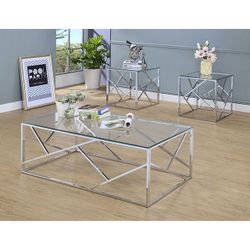 Brand New Chrome Contemporary Style 3pc Coffee Table Set