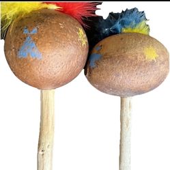 Set of Two Gourd Rattles 8” & 9” Wooden Handles Sonajas Shakers Percussion 