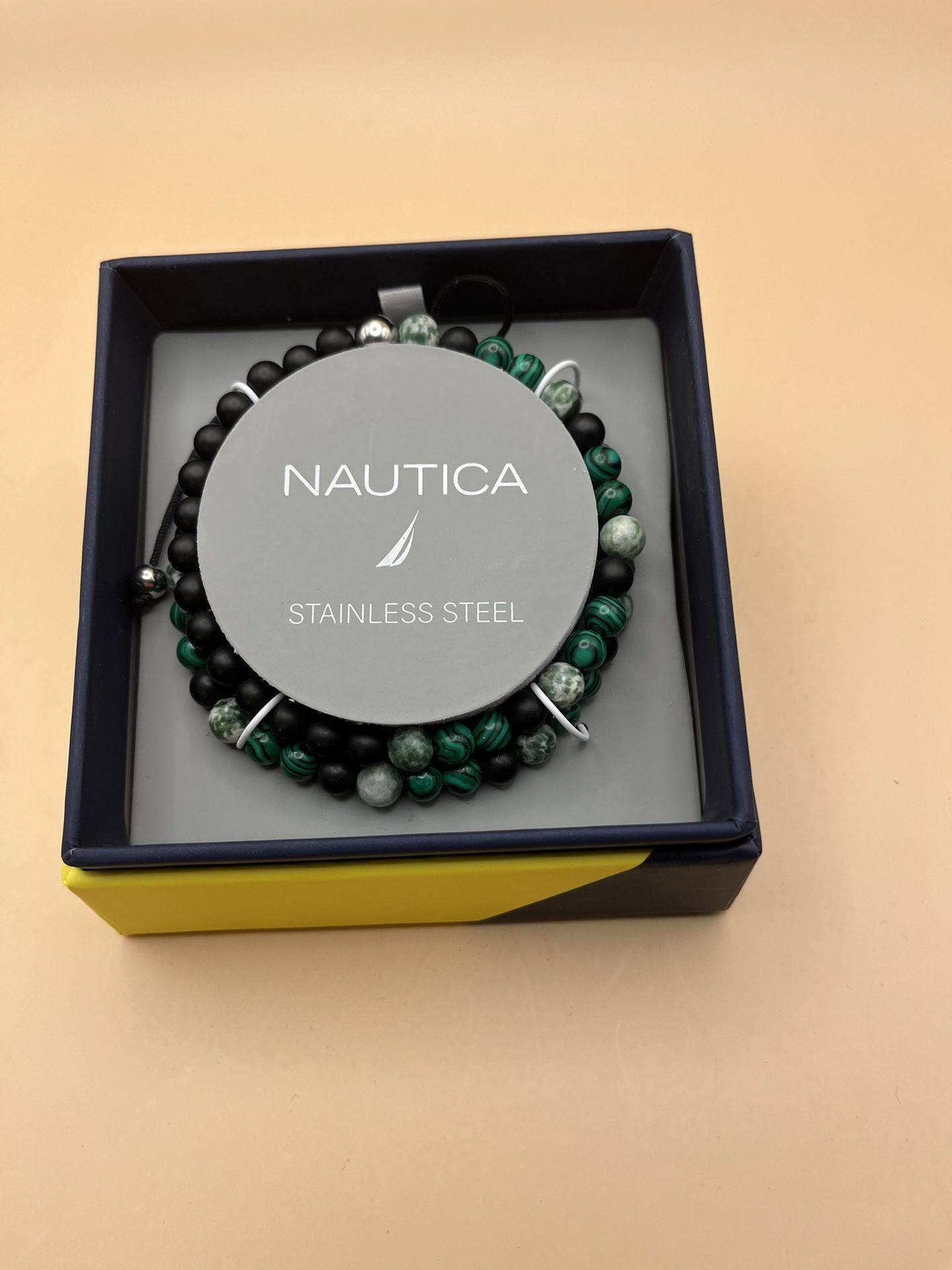 3025-PATT Nautica NEW Men’s Black, Silver ,Green, White Beaded Stretch Bracelets
